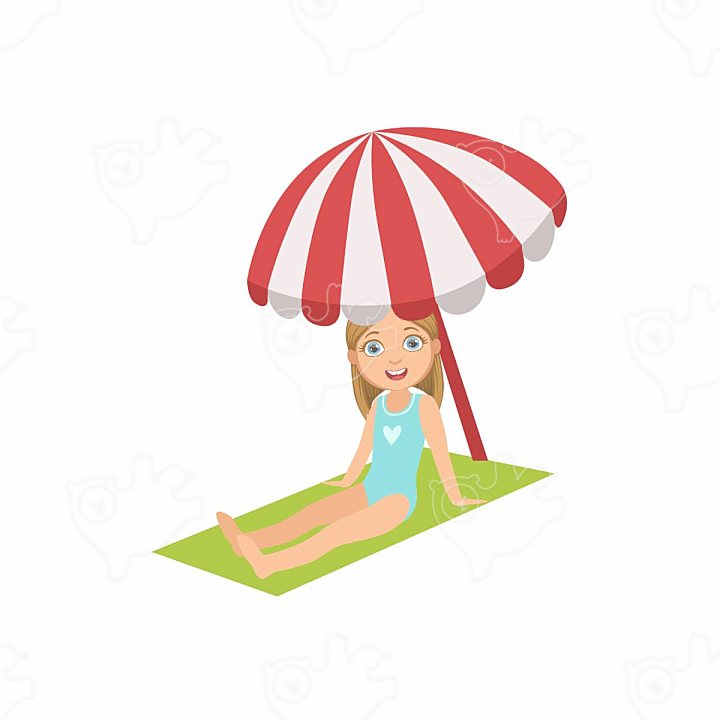 Menina na praia sentada sob o guarda-chuva - NAVER OGQ 마켓